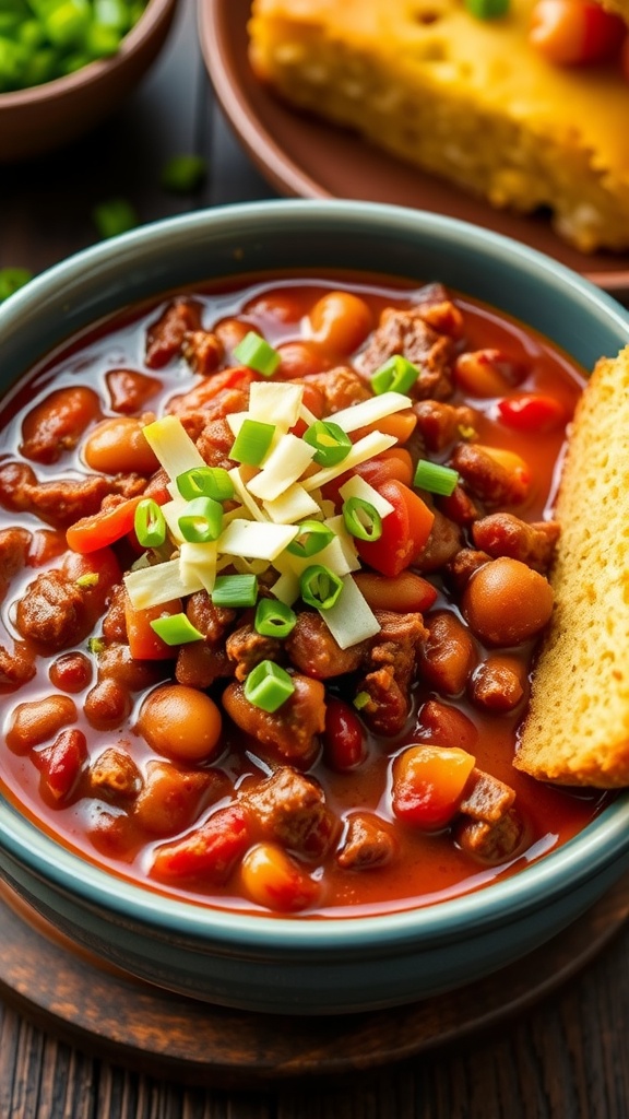 A hearty bowl of chopped beef chili with beans, topped with cheese and green onions, next to cornbread on a rustic table.